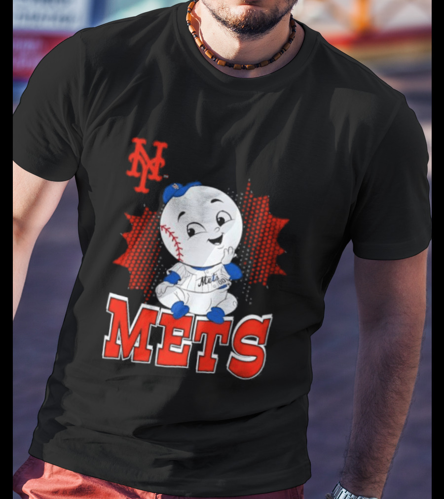 NY Mets Mr. Met Cartoon Character With Baseball And Team T-Shirt