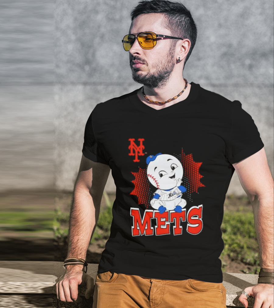 NY Mets Mr. Met Cartoon Character With Baseball And Team T-Shirt
