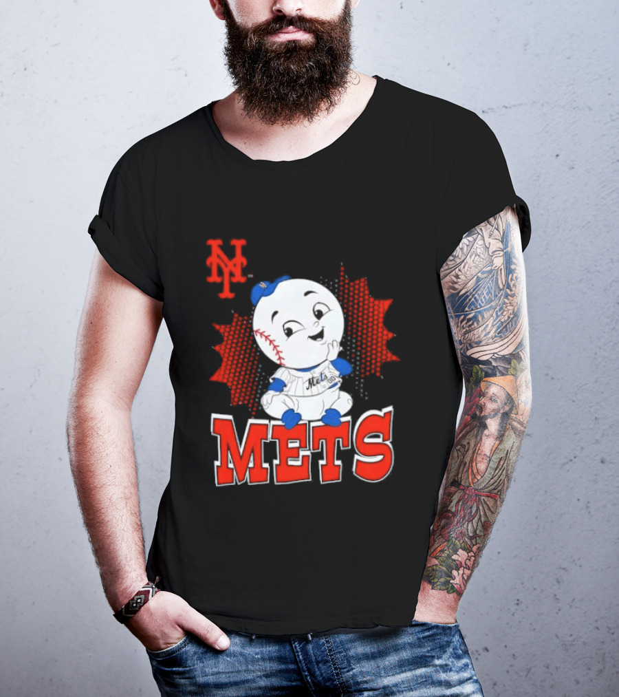 NY Mets Mr. Met Cartoon Character With Baseball And Team T-Shirt