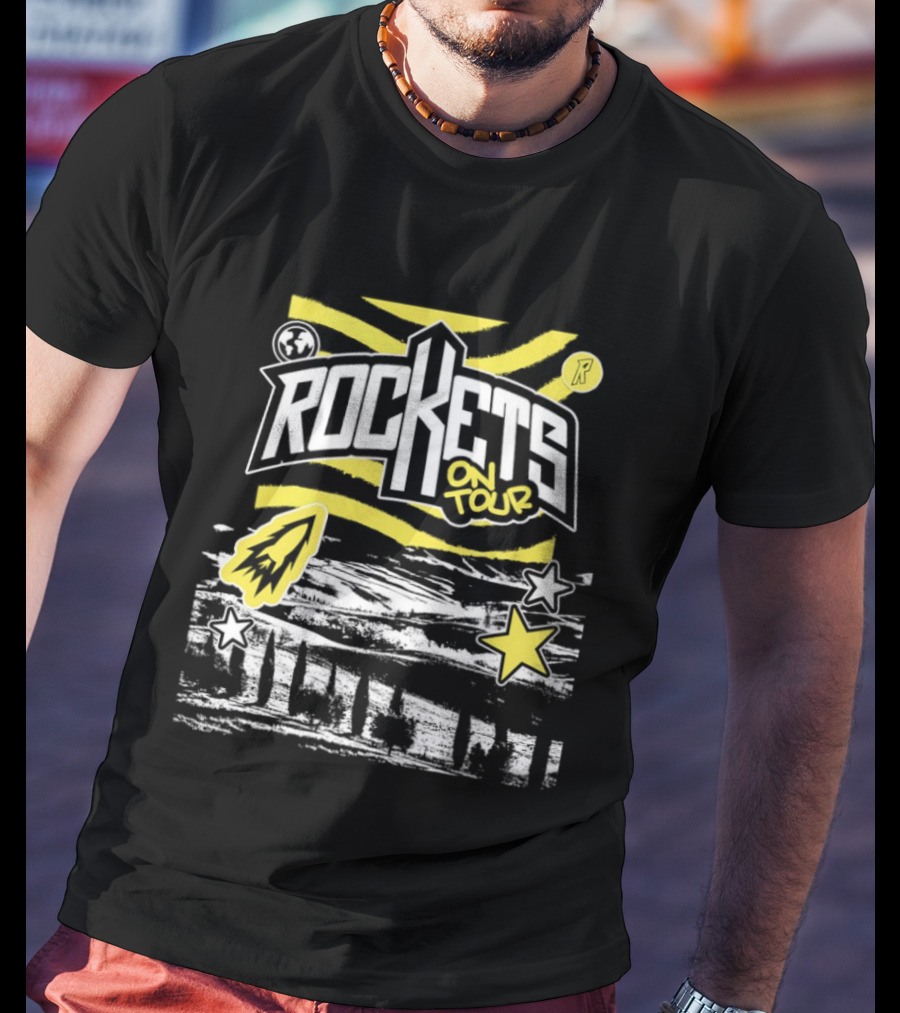 Rockets On Tour Bold Text With Yellow Stars And Rocketship T-Shirt