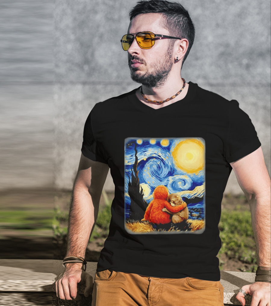 Punch Kun Panchi Kun Van Gogh Monkey Punch Starry Night Hugging Scene T-Shirt