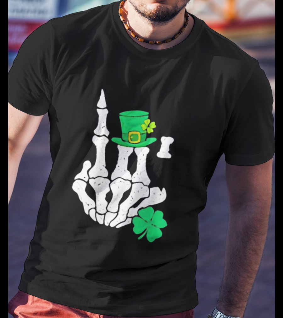 Skeleton Hand With Leprechaun Hat And Shamrock St Patricks Day T-Shirt