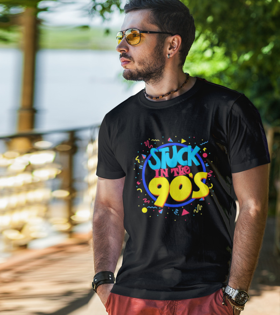 Stuck In The 90s Colorful Retro Vibes With Bold Typography And 90s T-Shirt