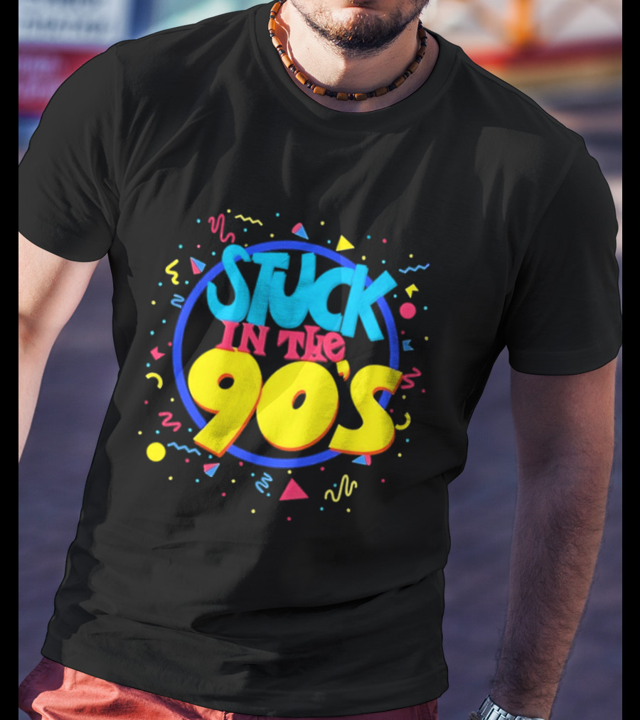 Stuck In The 90s Colorful Retro Vibes With Bold Typography And 90s T-Shirt