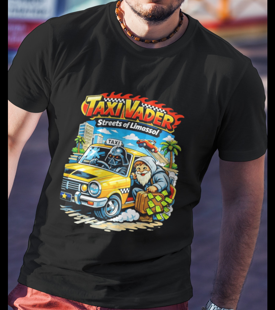 Taxi Vader Streets Of Limassol Adventure With Iconic Characters And Yellow Cab In Cityscape T-Shirt