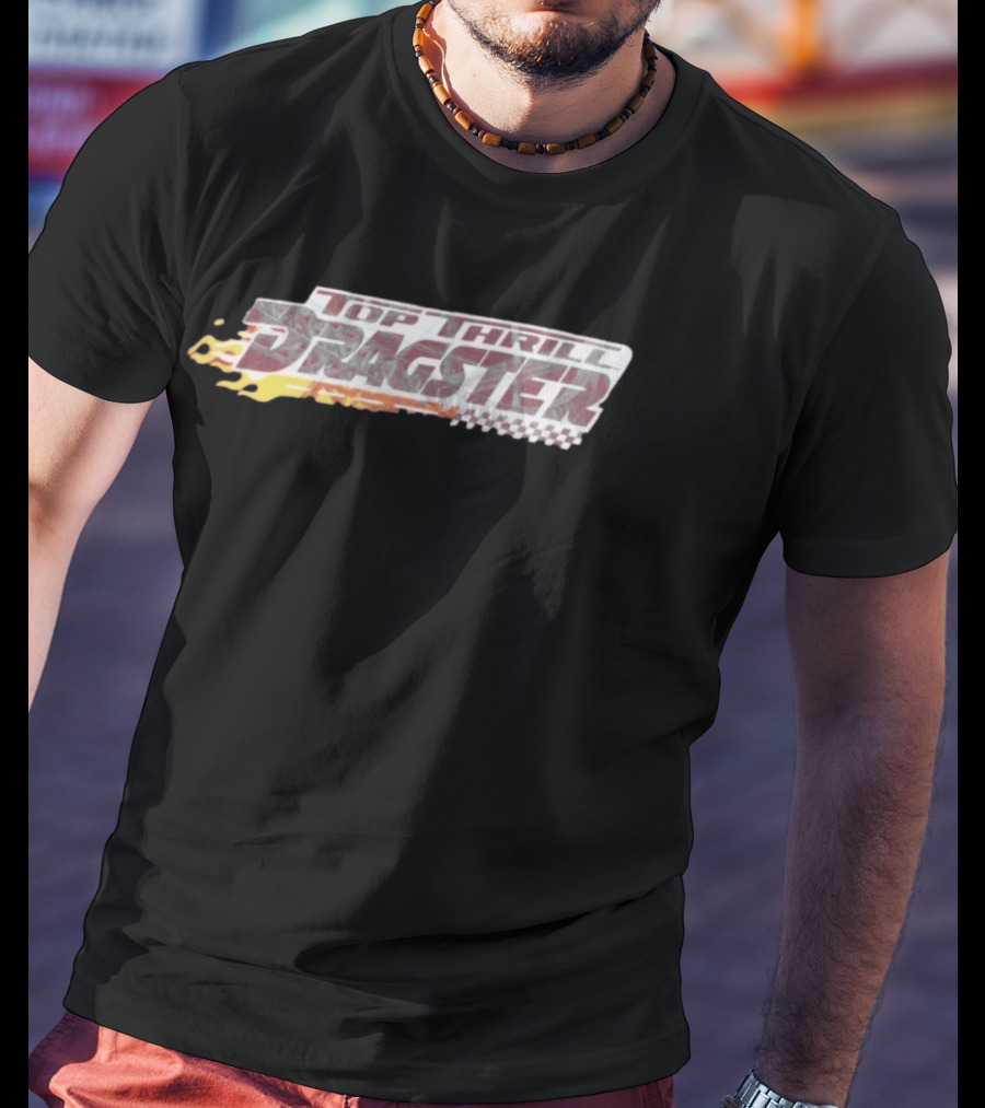 Top Thrill Dragster Flames And Racing Checkered Accents T-Shirt
