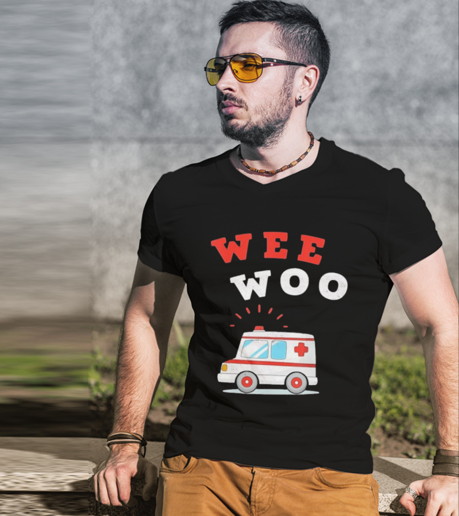Wee Woo Cartoon Ambulance Emergency Vehicle Rescue Red And White T-Shirt