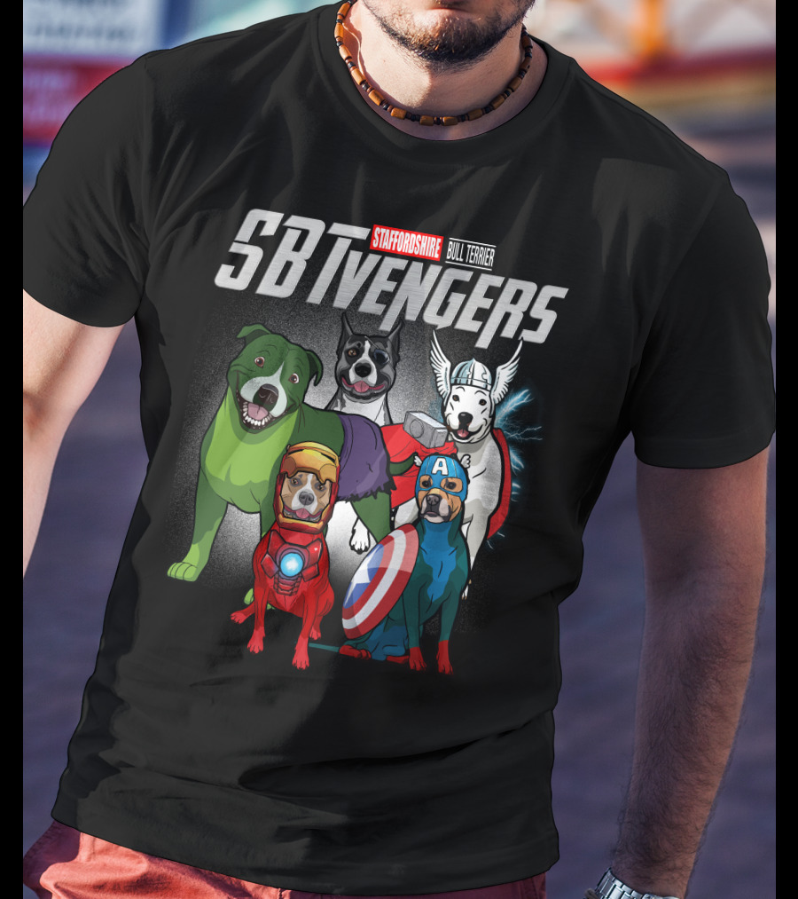Staffordshire Bull Terrier SBTvengers Superhero Dogs T-Shirt