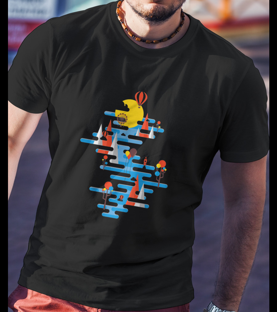 A Beautiful Day Hot Air Balloons Sailing Sun And Geometric Landscape T-Shirt