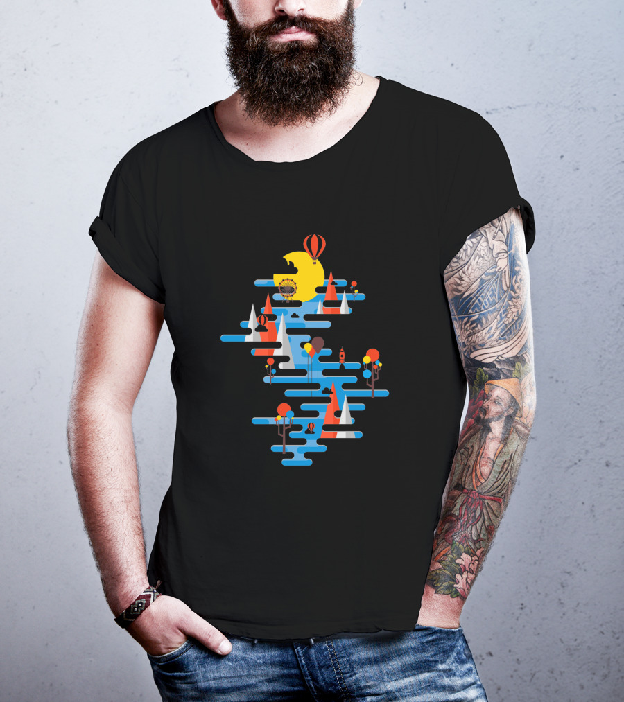 A Beautiful Day Hot Air Balloons Sailing Sun And Geometric Landscape T-Shirt
