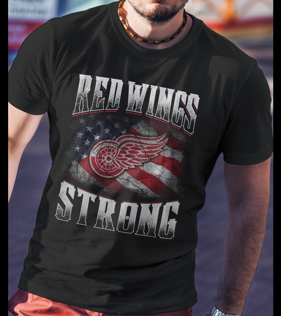 Red Wings Strong American Flag Winged Wheel T-Shirt