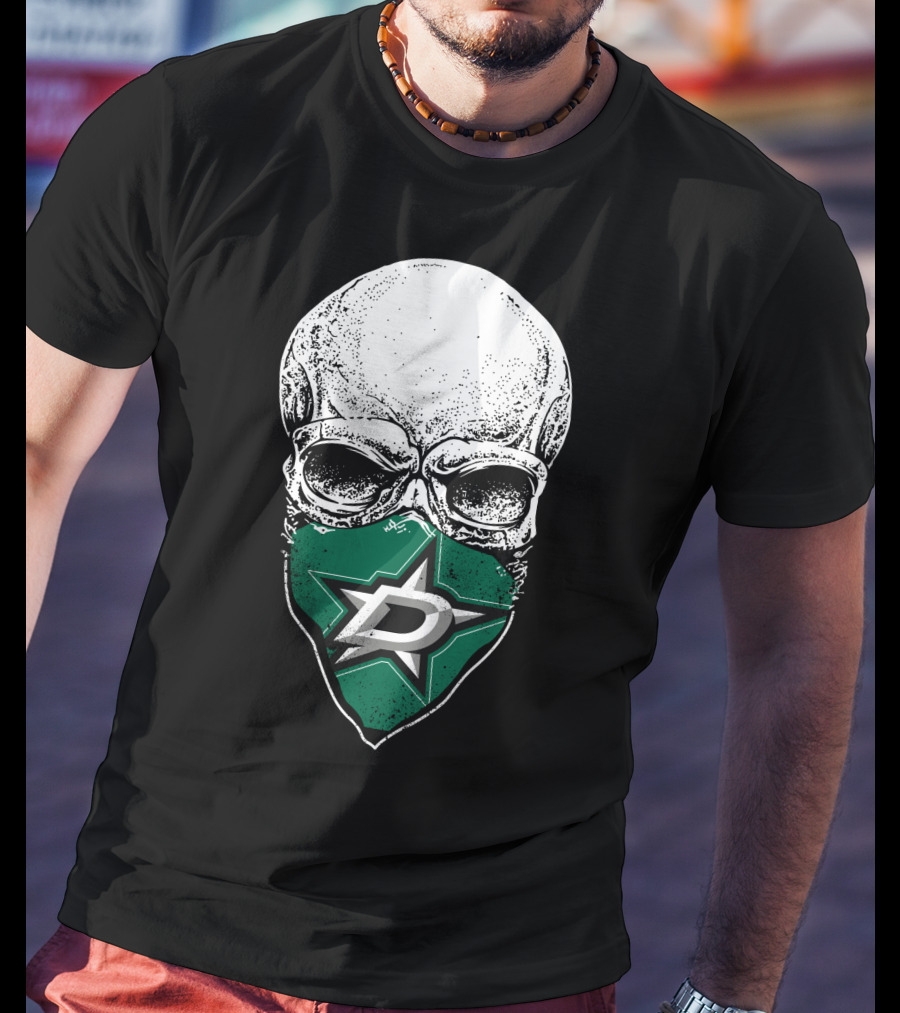 Dallas Stars Skull Mask With Team Logo On Black T-Shirt