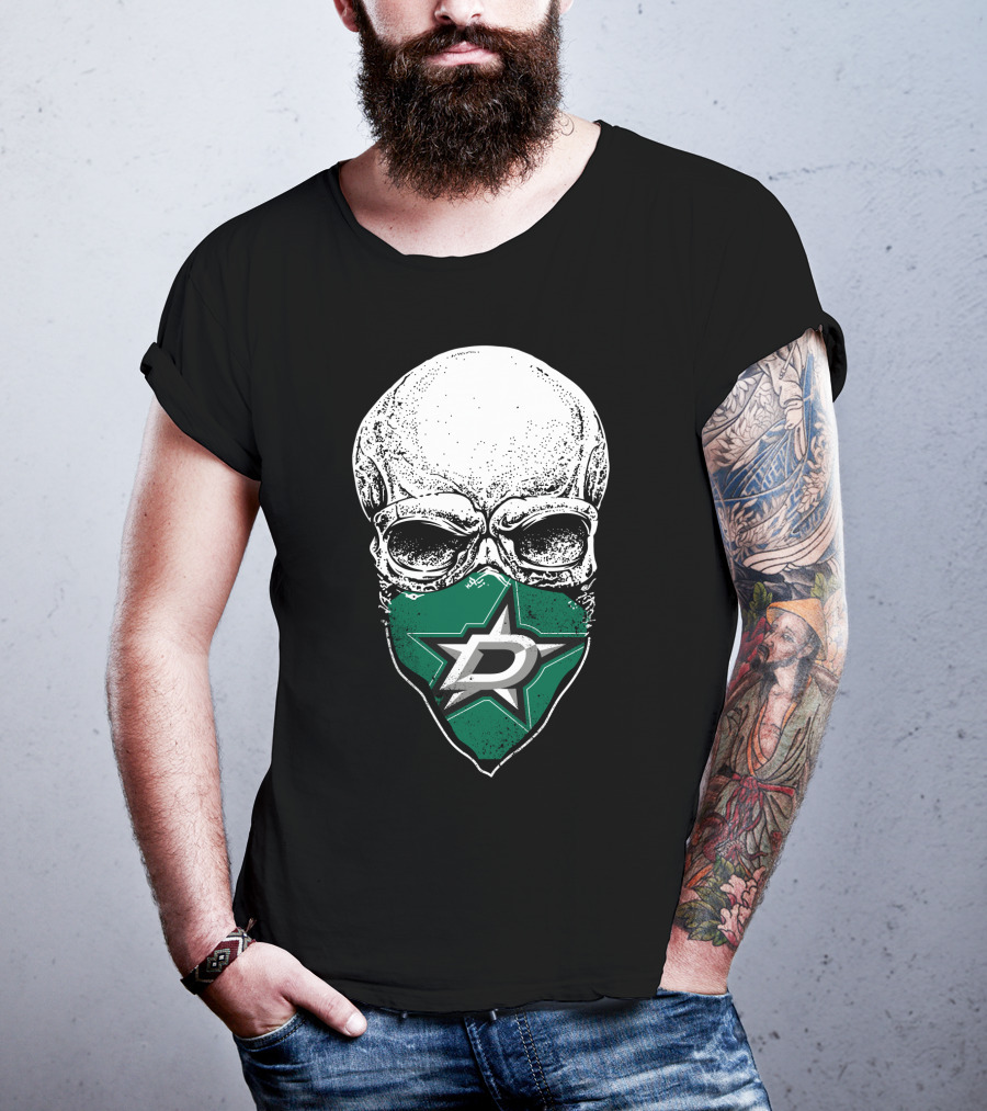 Dallas Stars Skull Mask With Team Logo On Black T-Shirt