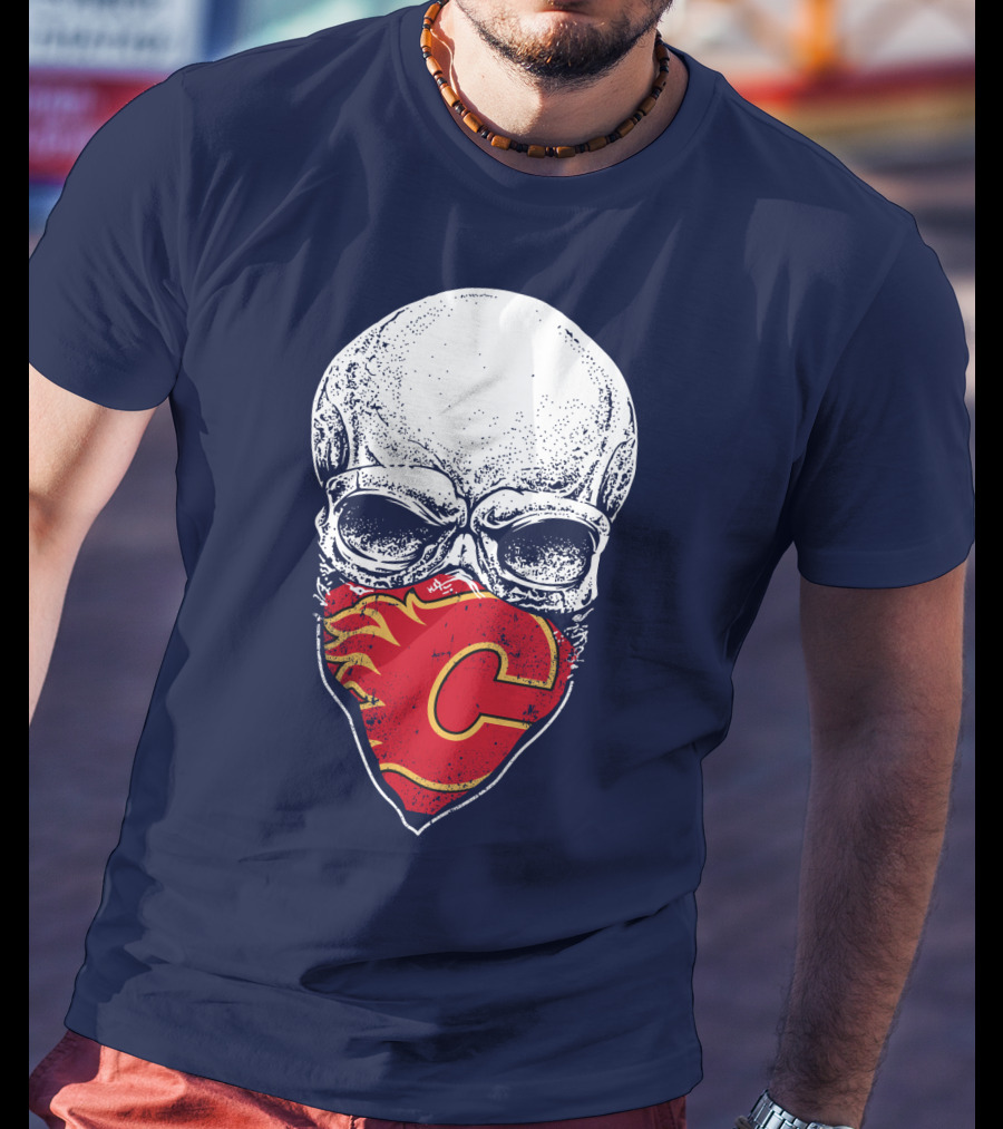 Skull With Calgary Flames Logo Facemask T-Shirt
