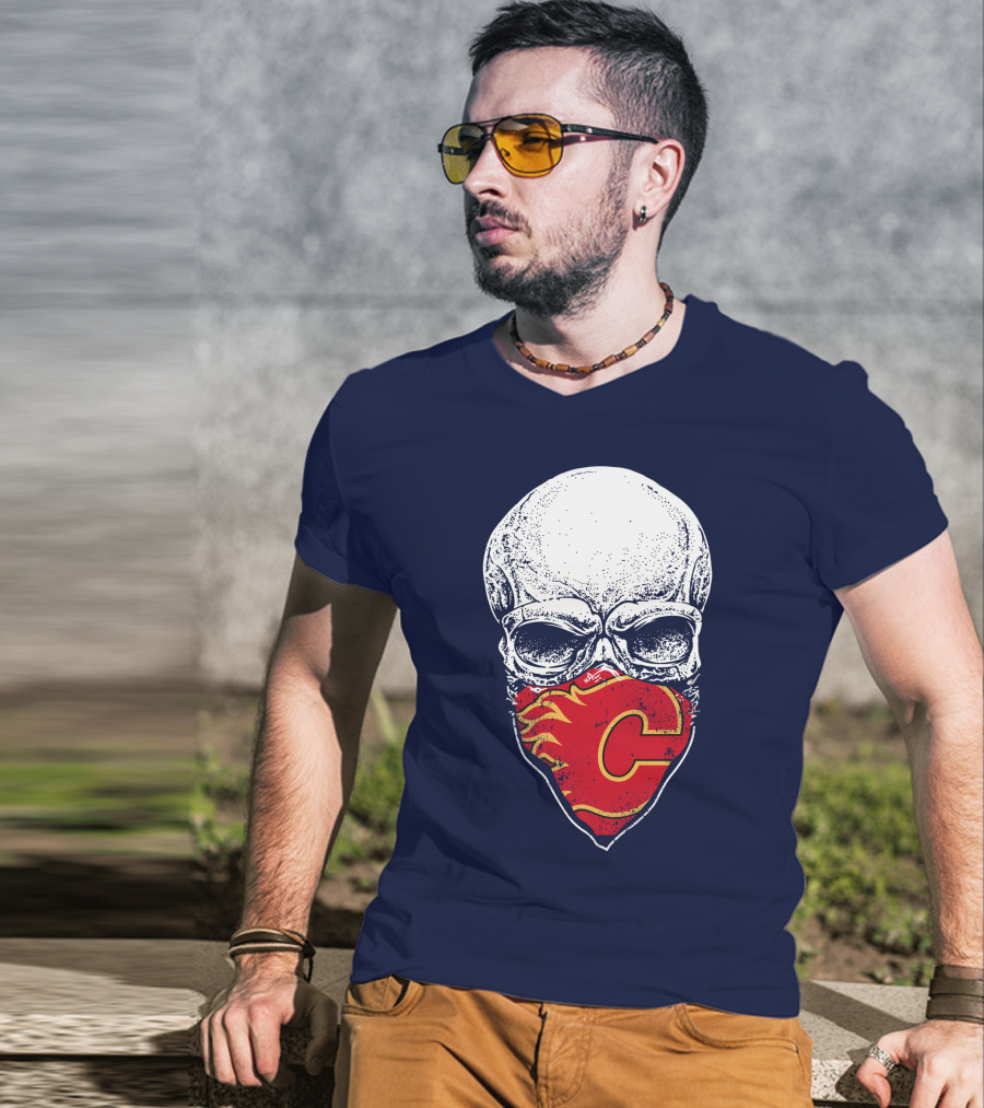 Skull With Calgary Flames Logo Facemask T-Shirt