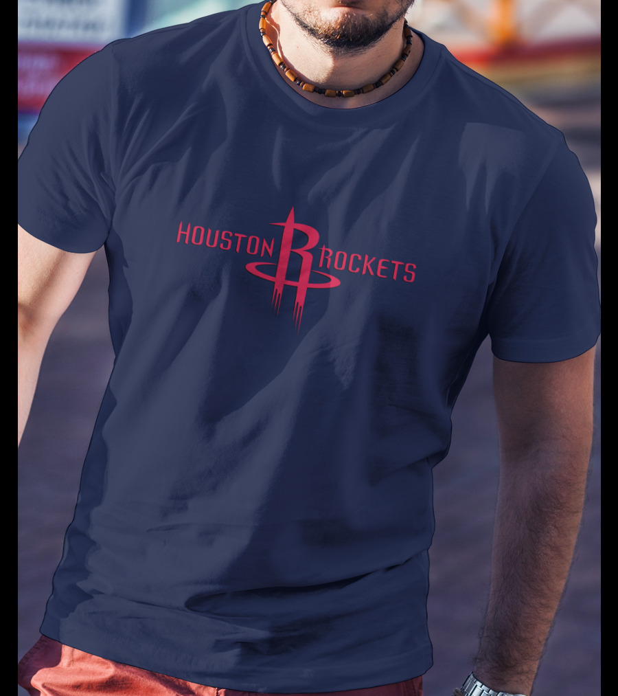 Houston Rockets Nba Red Logo On Dark Blue T-Shirt