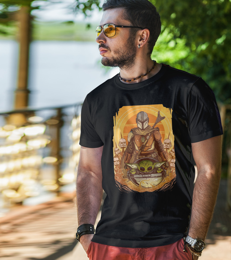 Mandalorian And Baby Yoda With Stormtroopers And Orange Sunset Scene T-Shirt