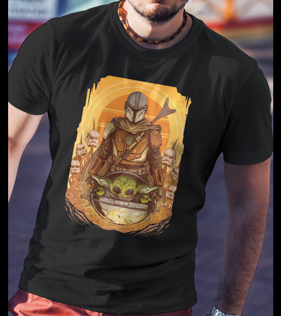 Mandalorian And Baby Yoda With Stormtroopers And Orange Sunset Scene T-Shirt