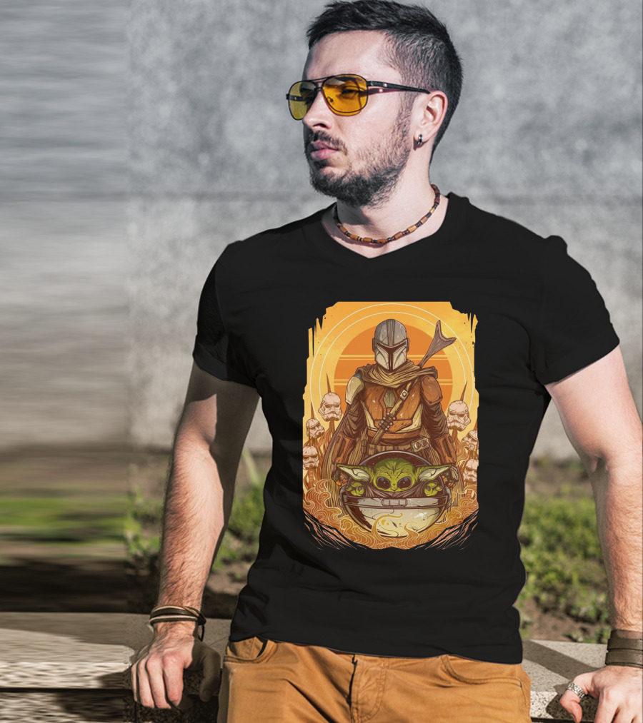 Mandalorian And Baby Yoda With Stormtroopers And Orange Sunset Scene T-Shirt