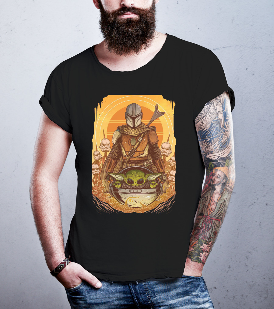 Mandalorian And Baby Yoda With Stormtroopers And Orange Sunset Scene T-Shirt