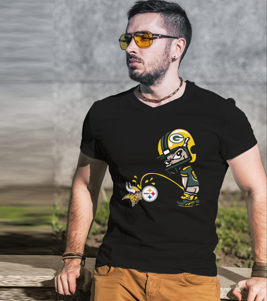 Green Bay Packers Rivalry Humor With Vikings And Steelers Logos T-Shirt