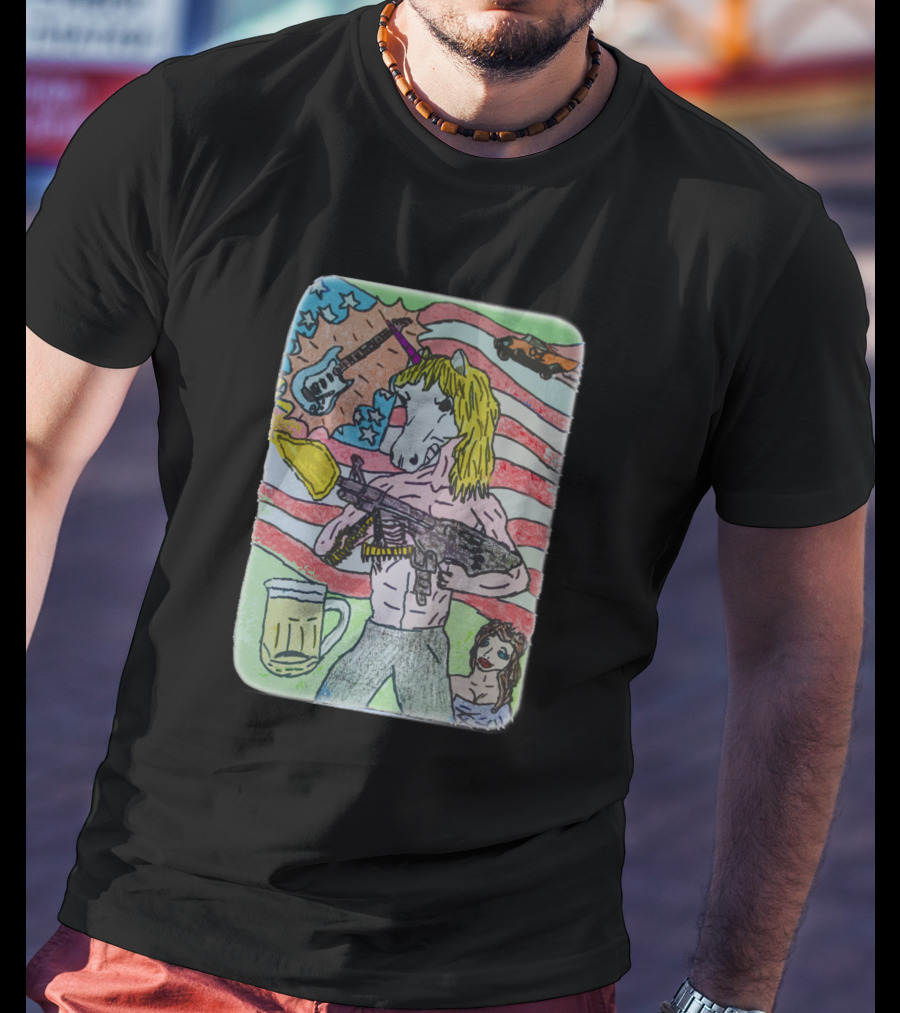 Unicorn Rocker With Guitar And Beer In Hand Against Stars And Stripes With Car T-Shirt