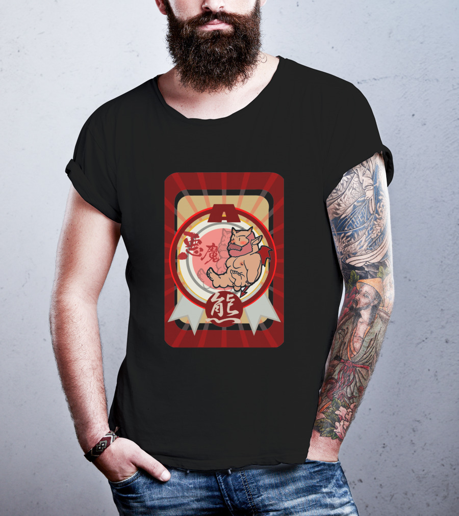 Akuma Devil Bear 7911 With Red Demon Icon And Kanji Symbols T-Shirt