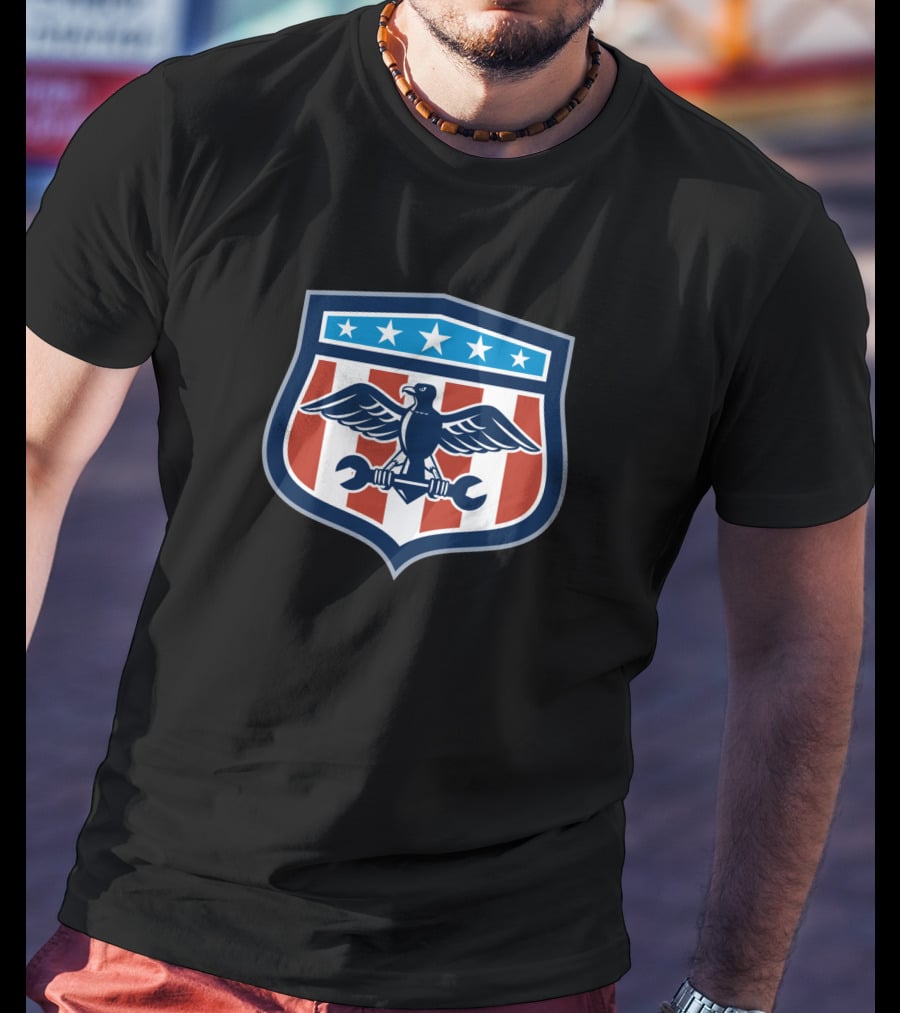 American Eagle Mechanic Crest USA Flag Shield T-Shirt