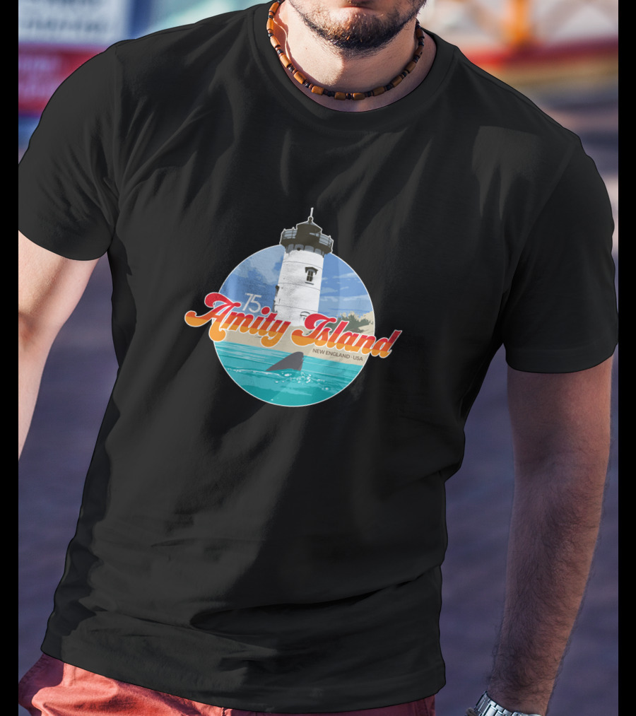 Amity Island 75 New England USA Lighthouse Ocean Scene T-Shirt