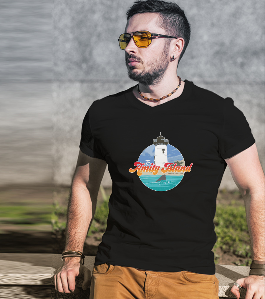 Amity Island 75 New England USA Lighthouse Ocean Scene T-Shirt