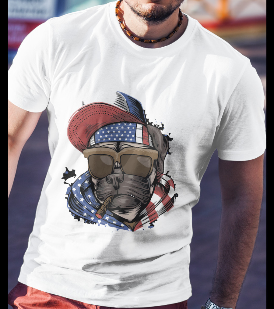 Pit Bull Boss American Flag Sunglasses Bandana Cigar Cool Dog T-Shirt
