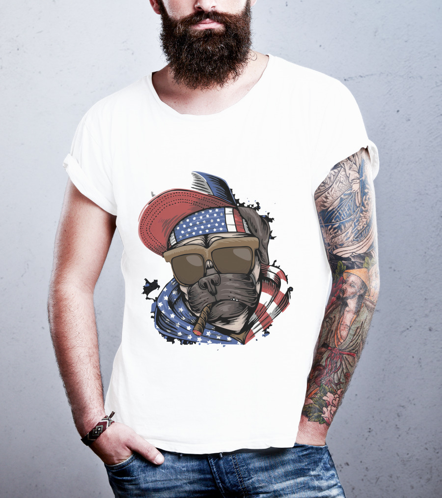 Pit Bull Boss American Flag Sunglasses Bandana Cigar Cool Dog T-Shirt