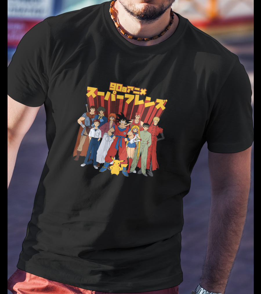 90s Anime Super Friends Characters Pikachu Japanese Text T-Shirt