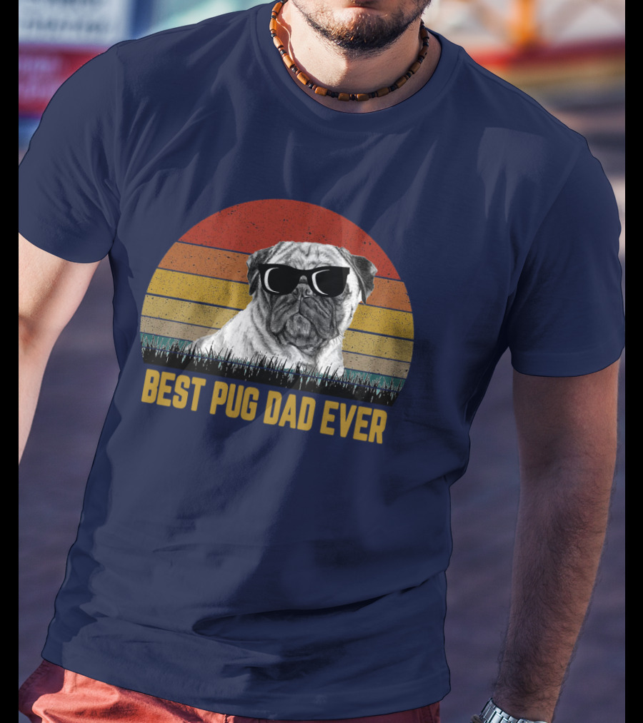 Best Pug Dad Ever Sunglasses Retro Sunset Background T-Shirt