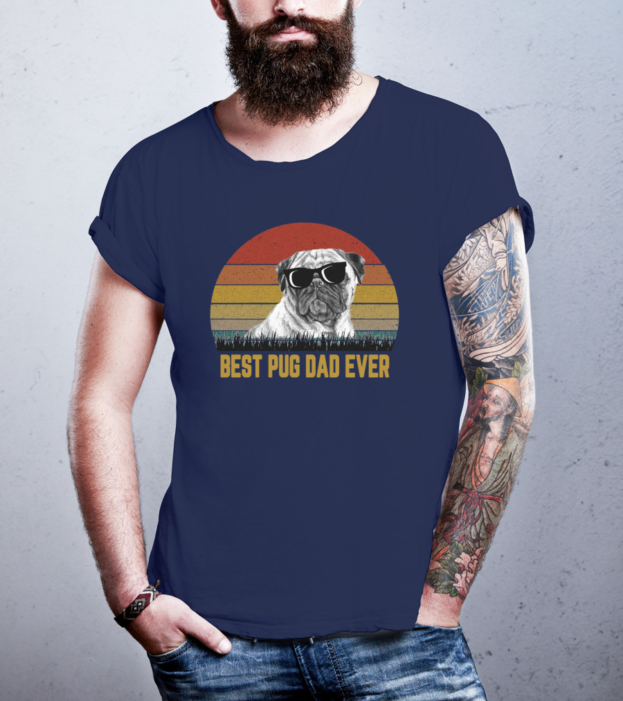 Best Pug Dad Ever Sunglasses Retro Sunset Background T-Shirt