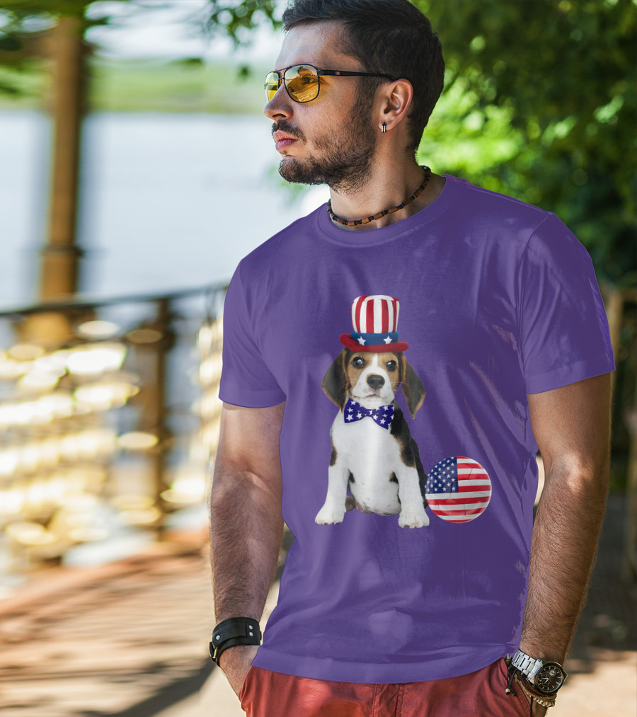 Patriotic Beagle With American Flag Hat And Bow Tie T-Shirt