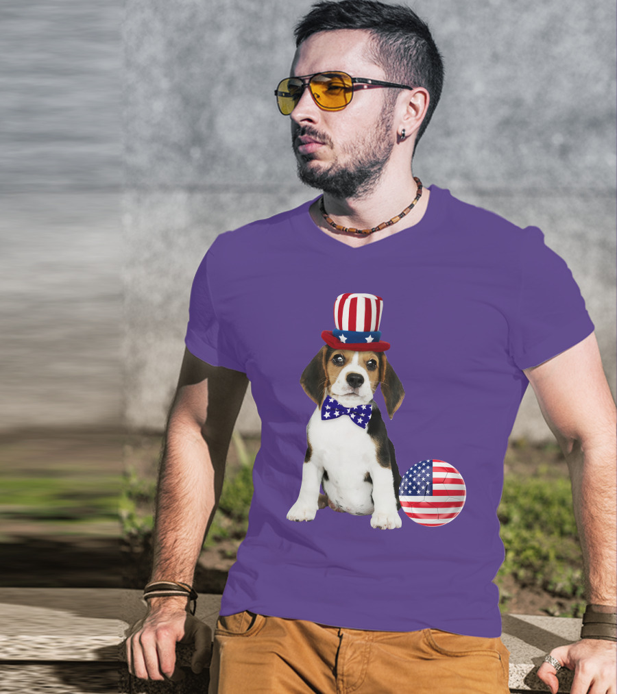 Patriotic Beagle With American Flag Hat And Bow Tie T-Shirt