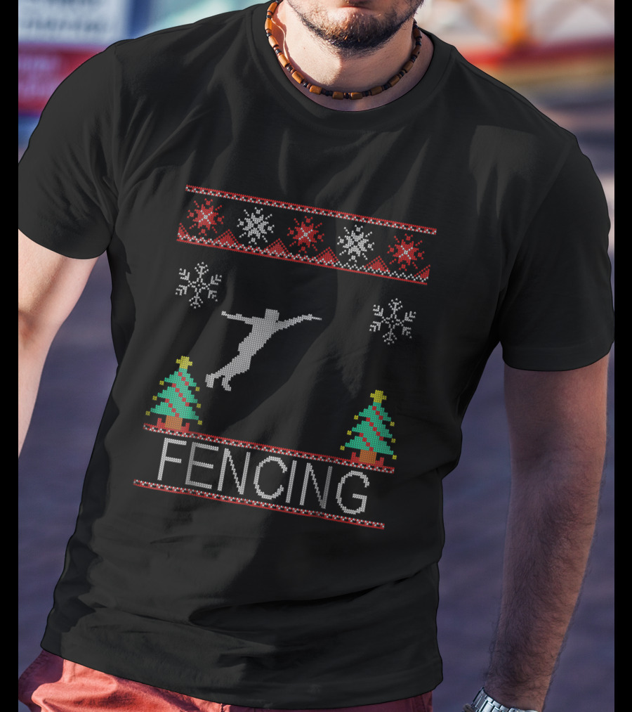 Fencing Ugly Christmas Sweater Style With Snowflakes And Trees T-Shirt