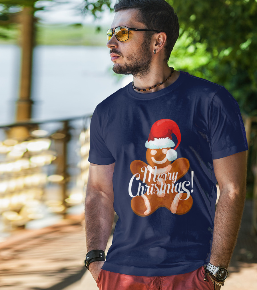 Merry Christmas Gingerbread With Santa Hat T-Shirt