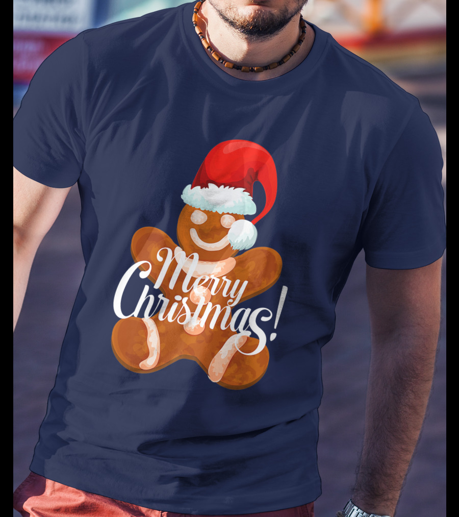 Merry Christmas Gingerbread With Santa Hat T-Shirt