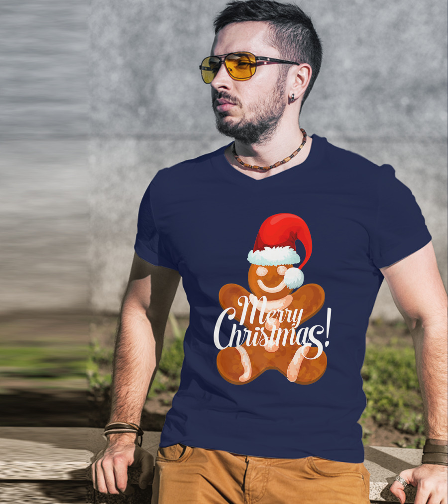 Merry Christmas Gingerbread With Santa Hat T-Shirt