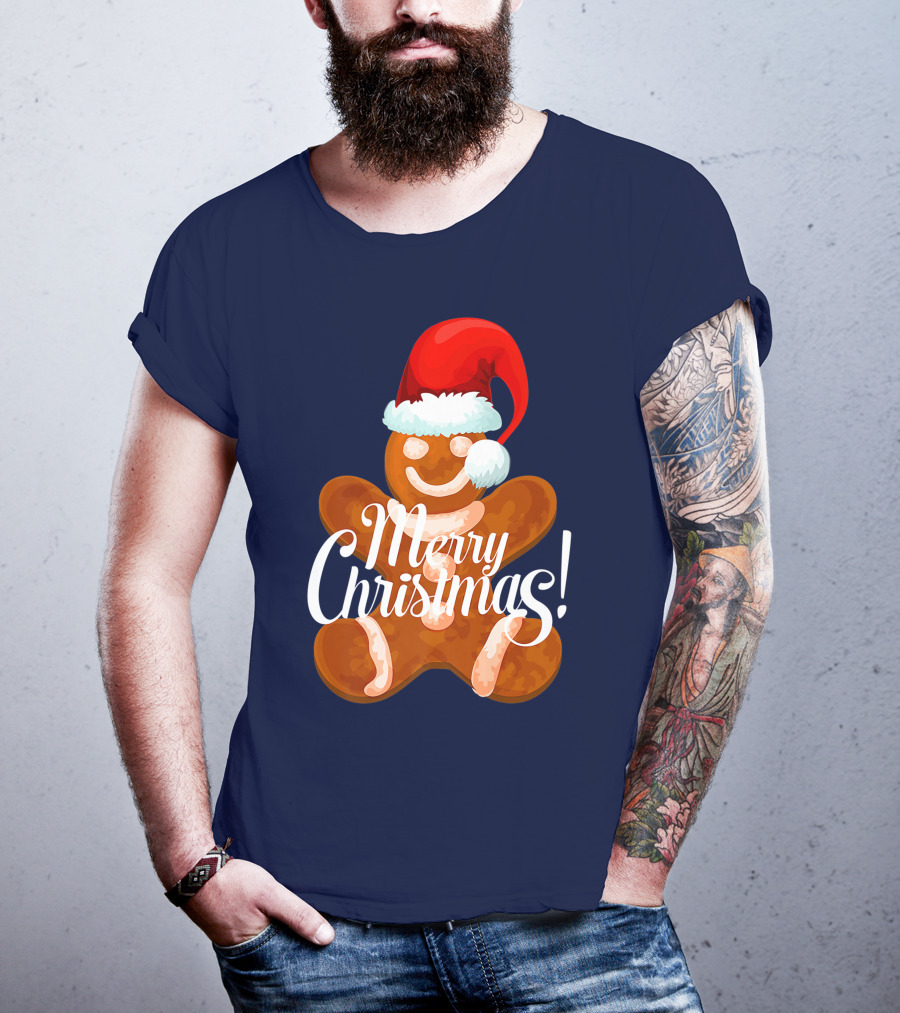 Merry Christmas Gingerbread With Santa Hat T-Shirt