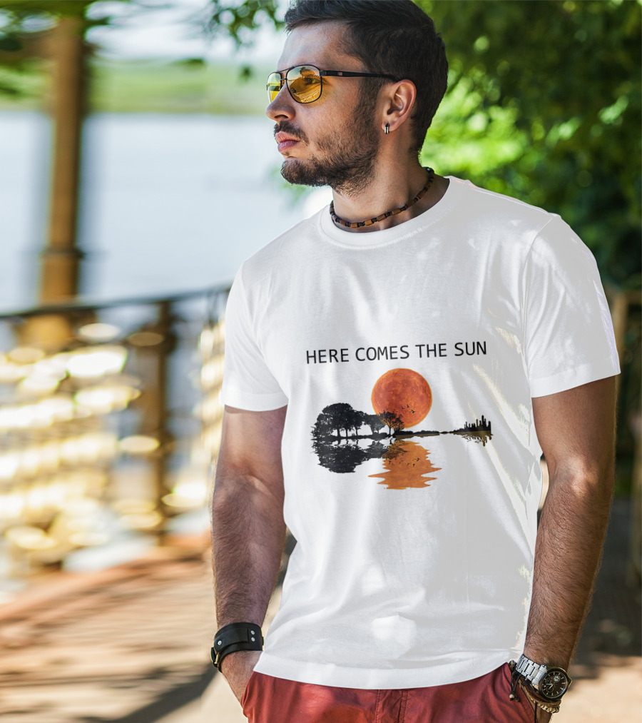 Here Comes The Sun Guitar Shadow Sunset Tree Reflection T-Shirt
