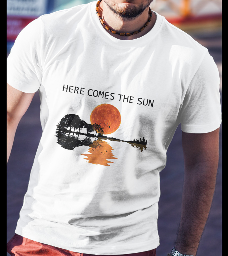 Here Comes The Sun Guitar Shadow Sunset Tree Reflection T-Shirt
