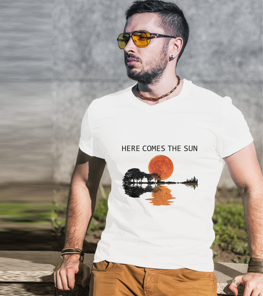 Here Comes The Sun Guitar Shadow Sunset Tree Reflection T-Shirt