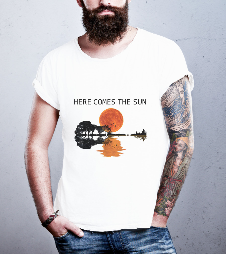 Here Comes The Sun Guitar Shadow Sunset Tree Reflection T-Shirt