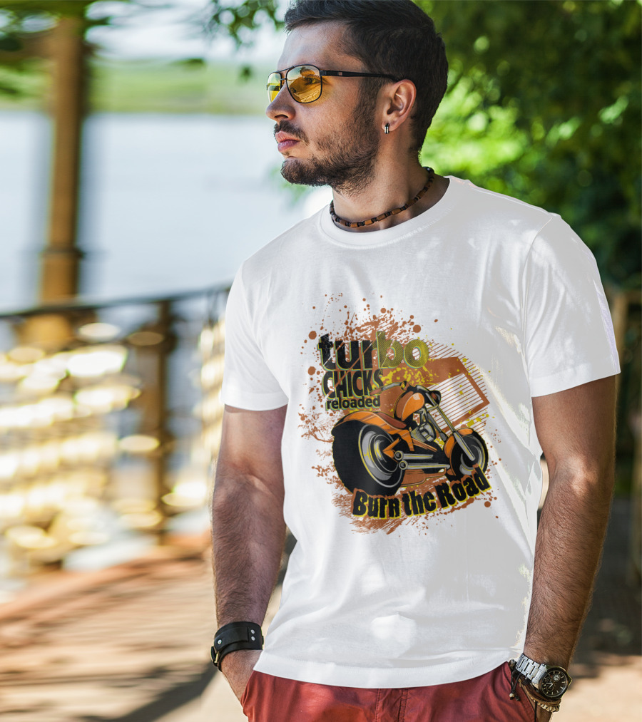 Turbo Chicks Reloaded Burn The Road Motorcycle Adventure T-Shirt