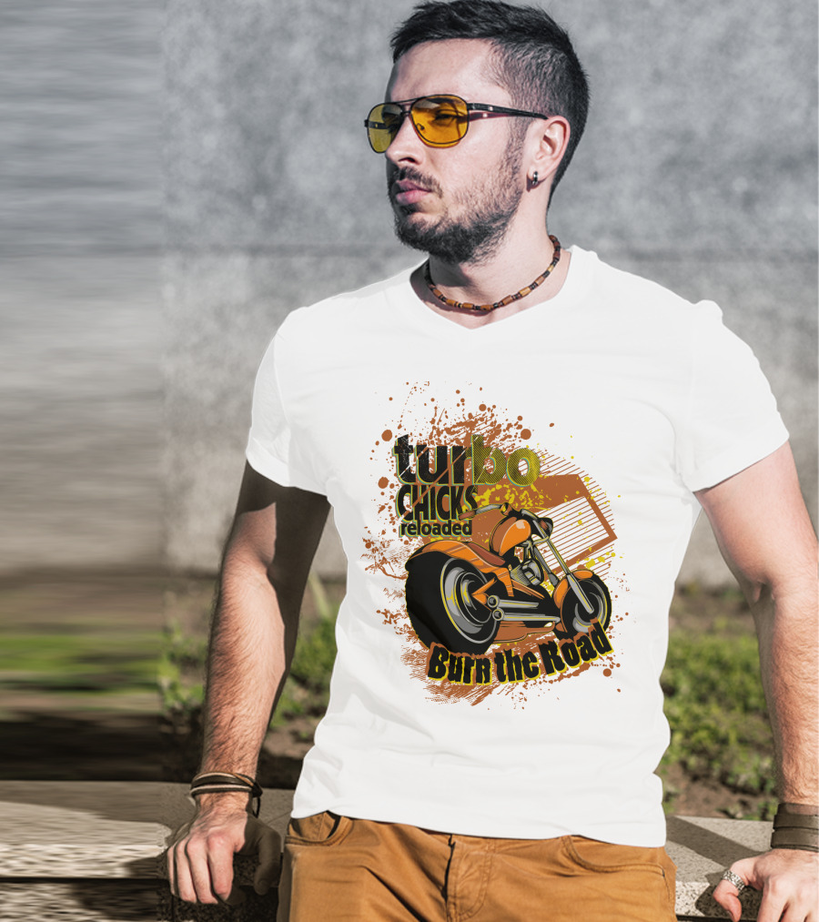 Turbo Chicks Reloaded Burn The Road Motorcycle Adventure T-Shirt