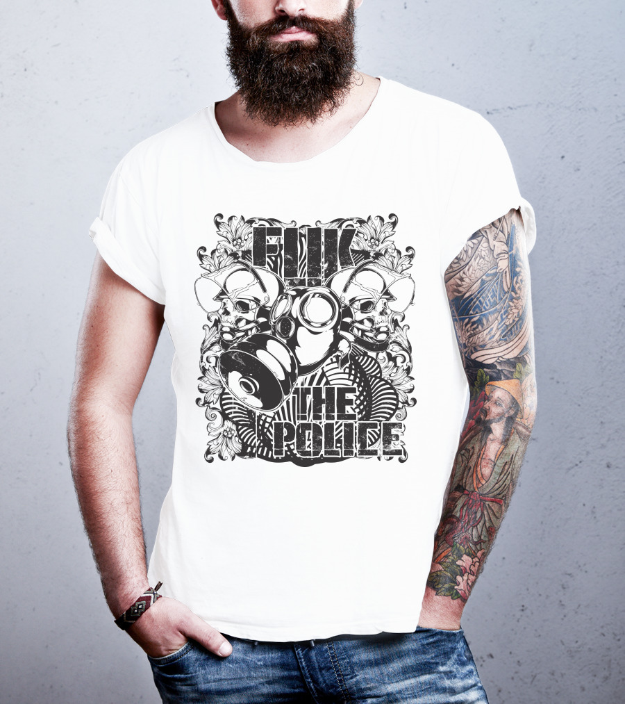 Fuk The Police Gas Mask Skull T-Shirt