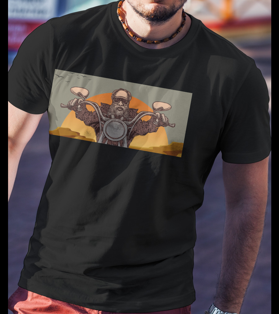 Biker Grandpa Riding Motorcycle At Sunset With Birds In Background T-Shirt